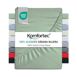 Komfortec Sábana Bajera Ajustable (200 x 200 cm, 100% algodón), Color Verde