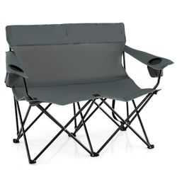 FANTASK Campingstol för 2 personer, fällstol med mugghållare, armstöd och bärväska, 300 kg lastkapacitet, vikbar campingsoffa (grå)