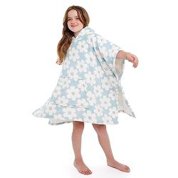 Bedlam, kids, children, girls, boys poncho, fleece hoodie, wearable throw, Retro Flower Duck Egg, 75 x 92.5cm