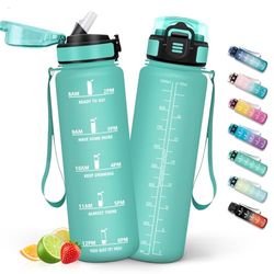HoneyHolly Botella Agua 1 Litro, Botella Agua Gimnasio sin BPA con Marcador de Tiempo, Plastico Botella de Agua Deportiva Motivacional, con Pajita, Cantimplora para Gimnasio, Colegio, Bicicleta