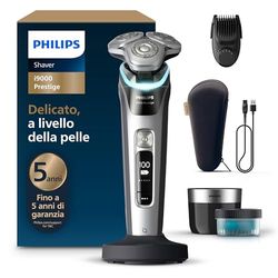 Philips Shaver i9000 Prestige, rasoio elettrico Wet & Dry, tecnologia Skin IQ, triplo sistema di sollevamento e taglio, doppie lame in acciaio di precisione 360°, styler per barba, modello XP9204/33