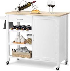FANTASK Chariot de Cuisine en Bois sur roulettes, étagère à vin et Porte-Serviettes, îlot de Cuisine avec tiroirs, Chariot de Service avec Plan de Travail, Blanc
