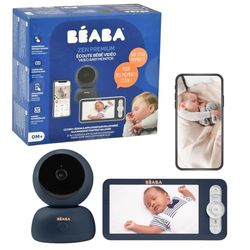 BÉABA, babyfoon, 2-in-1 babyvideomonitor, scherm/speciale mobiele app, HD-camera, 360° rotatie, nachtzicht, walkietalkie, slaapliedjes, temperatuur- en vochtigheidsregeling, Zen Premium Blue