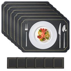 Washable Placemats, Non-Slip Placemats Leather Faux Leather Placemats, Set of 6 Leather Look Placemats with Coasters, Leather Placemats Wipe Clean for Restaurant Dining Table (Black)