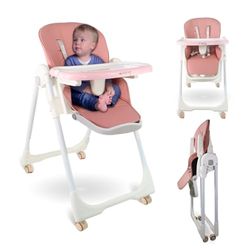 Mobiclinic®, High Chair for Baby, Baby Highchair, Folding, Convertible into High Chair, Simba, 5-Point Harness, Baby and Toddler Chair, Wheels with Brakes, Removable Tray, Washable, Adjustable (Pink)