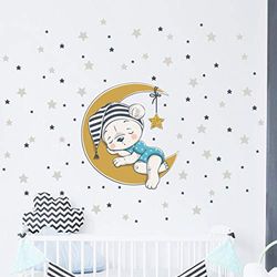 Pegatinas de pared para niños con diseño de osito en luna + 100 estrellas - Adhesivo de pared para niños - 30 x 30 cm