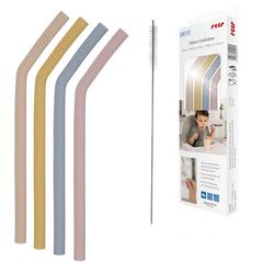 reer Lot de 4 pailles en silicone pour tout-petits et enfants à partir de 24 mois | Lot de 4 pailles aux couleurs vives | Avec brosse de nettoyage pratique