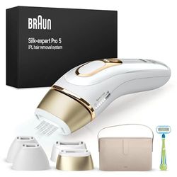 Braun Silk·expert Pro 5 Epilatore Luce Pulsata, Epilazione A Casa, Alternativa All’Epilazione Laser, Con Custodia, Rasoio Donna Venus, 4 Testine, Idea Regalo, Bianco/Oro, PL5342