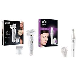 Braun Silk-épil 9 Flex Epilator, Hair Removal, 9-002, White/Gold & FaceSpa Face Epilator, Hair Removal with Facial Cleansing Brush Head, 100% Waterproof, SE810, White