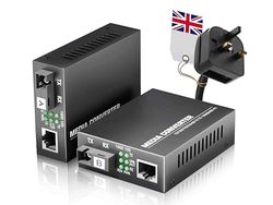 Elfcam-2-Pack Gigabit Fibre Media Converter, SFP 1.25G Included, SC Single-Mode, 10/100/1000Mbps RJ45 Ethernet to Fibre, Up to 20KM, Plug & Play, SC Ports, CAT5-8 Compatible,1 RJ45 Port+1 RJ45 Port