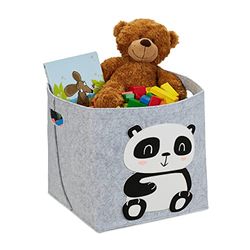 Relaxdays Felt Storage Basket, Animal Motif, Children, Foldable, HxWxD: 33 x 34 x 32 cm, Toys, Panda Print, Grey, 33x34x32 cm