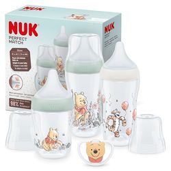 NUK Perfect Match Zestaw butelek dla niemowląt, 0-6+ miesięcy, pasuje do podniebienia dziecka, 3 butelki antykolkowe i smoczek Space, bez BPA, Disney Kubuś Puchatek, 4 szt