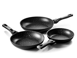 Pradel Excellence – Juego de 3 estufas – Mangas extraíbles – Interior antiadherente con forma de piedra – 20/24/28 cm – Aluminio forjado – Todas las luces incluidas inducción, color negro