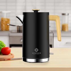 London Boutique Electric Kettle, Stainless Steel kettles Electric, Cordless Fast Boil Electric kettle with Wood Effect, Boil Dry Protection, Anti-Scale Filter, UK Strix Controller,3KW Black