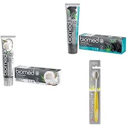 Biomed Superwhite Natural Coconut Toothpaste for Gentle Whitening, Tropical flavour + Charcoal Natural Toothpaste + Complete Care Toothbrush