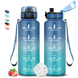 Motiverande vattenflaska 1,5 l, gymflaska, läckagefri flaska, graderad flaska, lätt att rengöra, vandringsflaska, lätt att bära, vattenflaska för träning, löpning, camping