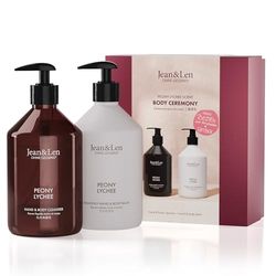 Jean & Len Body Ceremony Peony & Lychee, with Hand & Body Cleanser and Hand & Body Balm, High-Quality Gift Box, Gentle Floral Fragrance, Packaging is FSC Certified, Vegan Gift Set