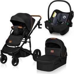 LIONELO MARI TOUR 3en1 Poussette Canne Bébé jusqu'à 22 kg Nacelle Siège-auto Réglage du Dossier Pliable Ceintures à 5 points, Roues Tout Terrain 360° Poussettes Combinées (Black)