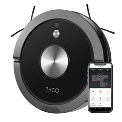 ZACO A9sPro Robotstofzuiger met dweilfunctie, app & Alexa bediening, in kaart brengen, tot 2 uur stofzuigen of dweilen, voor harde vloeren & tapijt, huisdierenhaar, met oplaadstation, carbon zwart