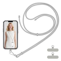 VynyQoo Cordon Telephone Portable Tour de Cou Réglable 80cm, Collier Telephone avec 2 Durable Patchs, Sangle Telephone Laniere Bandoulière Dragonne pour étuis de Téléphone Tout Compris(gris)