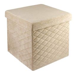 Baroni Home Pouf Cubo Contenitore Pieghevole in Velluto, Poggiapiedi Imbottito Porta-Oggetti, Sgabello Contenitore per Camera e Salone, Pouf Salvaspazio, 38x38x38 cm, Beige