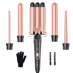 Ensemble de fers à vagues 5 en 1 BESTOPE PRO - Comprend 3 barils en céramique pour créer de grosses vagues, y compris un réglage de la température, une chaleur rapide et un 2 clips, or rose