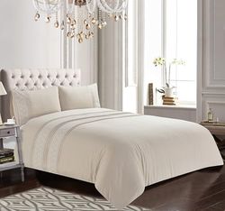 Rapport home Charlotte - Juego de funda nórdica bordada, elegante ropa de cama beige suave con delicado bordado floral, funda de edredón y fundas de almohada de lujo de fácil cuidado (tamaño superking