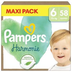 Pampers Pieluchy Rozmiar 6 (13+ kg), Harmonie Pieluszki, 58 Sztuk, Ochrona Delikatnej Skóry i Składniki Pochodzenia Roślinnego