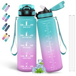 Drinkfles, 1 liter, waterfles met rietje, motiverende waterfles met tijdschaal, gemakkelijk te reinigen, drinkflessen voor hardlopen, wandelen, yoga, groen-roze