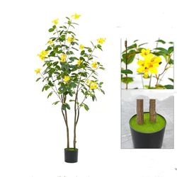 Zstar Konstgjorda blommande träd, 150 cm stora blommande träd i kruka med blommor och blad för inomhus utomhusdekoration, stora realistiska konstgjorda växter i kruka för vardagsrum kontor fester