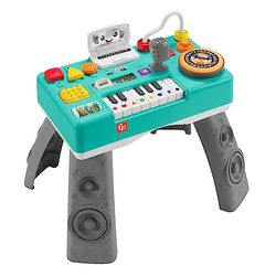 Fisher-Price Ríe y aprende Mesa de mezclas DJ musical Piano de juguete con actividades, luces y sonidos, sentado y de pie, bebés +6 meses, VERSION ALEMAN , HGX09