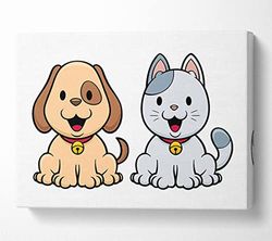 Happy Cat And Dog Canvas Print Wall Art - Large 26 x 40 Inches