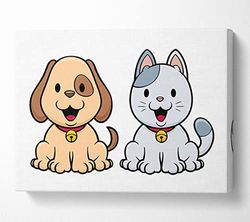 Happy Cat And Dog Canvas Print Wall Art - Medium 20 x 32 Inches