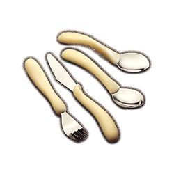 Homecraft, repas, couverts ergonomiques, couteau, gauchers, droitiers, personnes âgées, ayant une force réduite dans les mains, facilite la préhension, favorise l'autonomie, acier inoxydable.