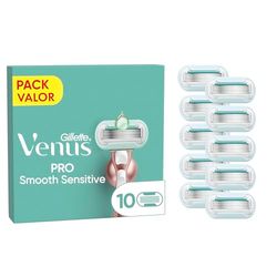 Gillette Venus Pro Smooth Sensitive Recambios Para Maquinilla De Mujer, Pack De 10 Cuchillas De Recambio Con 5 Hojas y Banda Lubricante