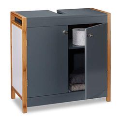 Relaxdays Meuble Dessous de Lavabo, Bambou, Meuble Sous Vasque, Evier salle de bains, H x L x P : 60 x 60 x 29 cm, gris