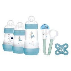 MAM Welcome to the World G101-3 zestaw butelek dla niemowląt Easy Start Anti-Colic, 1 smoczek Start i 1 broszka z klipsem dla dzieci 0 miesięcy, kolor niebieski, wersja hiszpańska