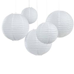 Ginger Ray White Round Paper Lantern With Wire Ribbing Decorations In 2 Sizes 5 Pack, Tissue