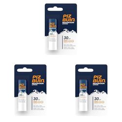 Piz Buin Mountain Lipstick 30 SPF (1 x 4,9 g), bálsamo labial con manteca de cacao, protector labial con filtros solares UVA/UVB, protector solar de labios para montaña (Paquete de 3)