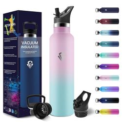 HoneyHolly 1 liter termisk vattenflaska, BPA-fri, termisk flaska, dubbelvägg, vakuumflaska, 18/8 rostfritt stål, vattenflaska med sugrör, termosflaska för gym, sport, cykel