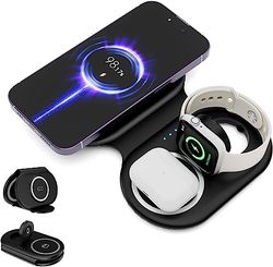 Tiergrade 3 en 1 Chargeur sans Fil pour appareils Apple Multiples, Station de Charge magnétique Pliable, Charge de Voyage pour iPhone 15/14/13, AirPods 3/2/Pro/Pro2, iWatch(Adaptateur Inclus) Noir
