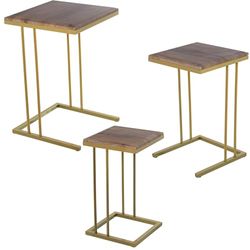 DRW Set van 3 bijzettafels van metaal en hout in goud en eiken, 40 x 40 x 60 cm, 35 x 35 x 55 cm en 29 x 29 x 50 cm