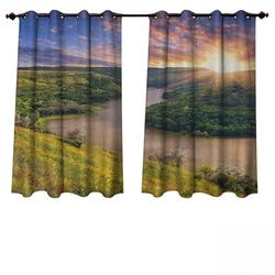 Anshesix Nature Outdoor Ultraviolet Protective Curtains Rising Sun Over Calm Riverbed with Lush Trees and Meadows Shrubs Hillside Cloudy Sky W72 x L63(183cm x 160cm)