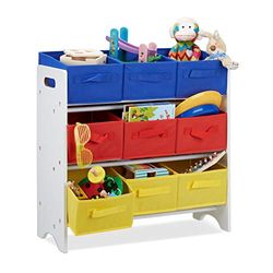 Relaxdays Prateleira infantil com caixas, cestas dobráveis, tubos de metal, MDF, 62 x 63 x 28 cm, branco/multicolorido