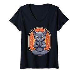 Mujer Meditar Gatito Santo Gato Mediador Fe Dios Religión Camiseta Cuello V