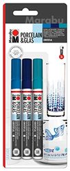 Marabu 012300000085 – Porslin & glasmålning, havssida, set med 3 färger, högblank porslins- och glasmålningspenna på vattenbas, diskmaskinssäker efter inbränning, spets 1–2 mm