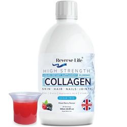 Reverse Life High Strength Marine Collagen for Skin, Hair, Nails and Joints, Hydrolysed Peptide Drink Infused with Hyaluronic Acid, Vitamin C, D and Biotin, Mixed Berry Flavour, 500ml