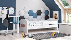 Dmora - Lit d'enfant Wroclaw, Couchette pour Chambre d'enfant, Ensemble de Chambre, Support de Matelas, 77x144 h56 cm, Blanc avec Voiture