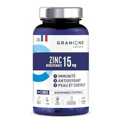 GRANIONS - Zinc Bisglycinate 15 mg - Zinc Complement Alimentaire - Format 2 MOIS - Bisglycinate - Immunité, Acne Visage - Biodisponibilité Optimale - 60 Gélules