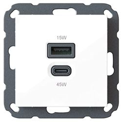 Stazione di ricarica USB da incasso con caricatore/caricatore USB-C 45 Watt + USB-A 15 Watt 6560x0100 per installazione domestica, per programmi di commutazione comuni (55x55mm), Power Delivery (PD)